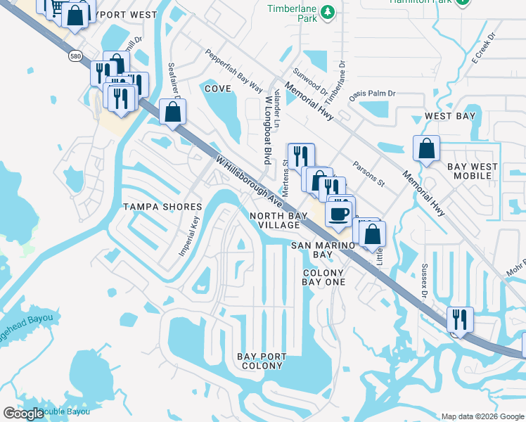 map of restaurants, bars, coffee shops, grocery stores, and more near 6340 Newtown Circle in Tampa