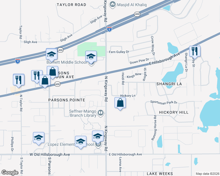 map of restaurants, bars, coffee shops, grocery stores, and more near 810 Walnut Drive in Seffner