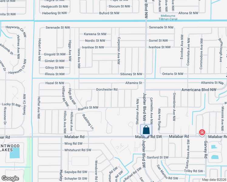 map of restaurants, bars, coffee shops, grocery stores, and more near 297 Jacaranda Avenue in Palm Bay