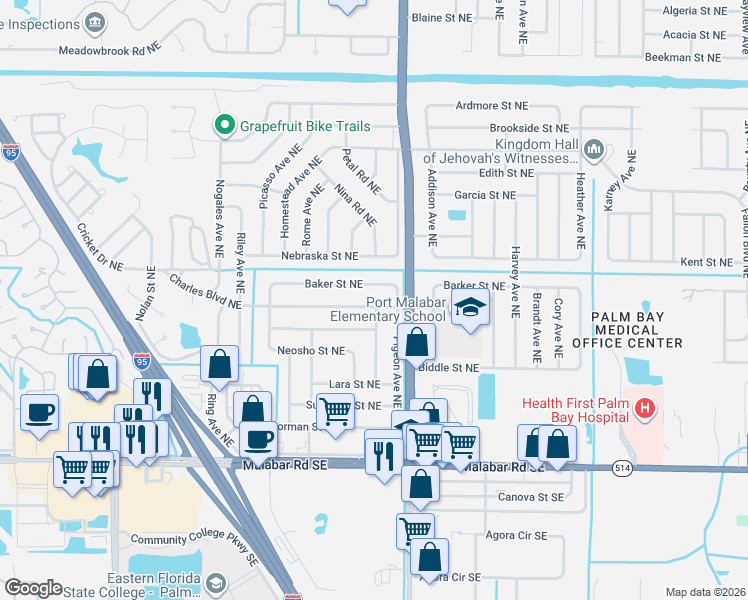 map of restaurants, bars, coffee shops, grocery stores, and more near 1664 Baker Street Northeast in Palm Bay