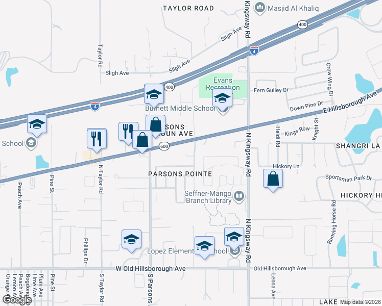 map of restaurants, bars, coffee shops, grocery stores, and more near 403 Pine Pointe Court in Seffner