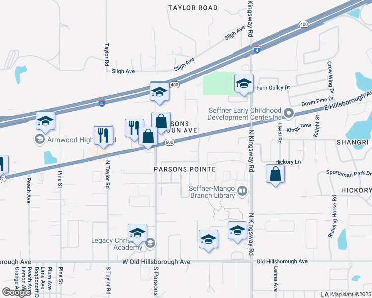 map of restaurants, bars, coffee shops, grocery stores, and more near 413 Pine Pointe Court in Seffner