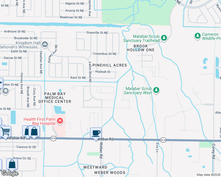 map of restaurants, bars, coffee shops, grocery stores, and more near 2294 Ladner Road Northeast in Palm Bay