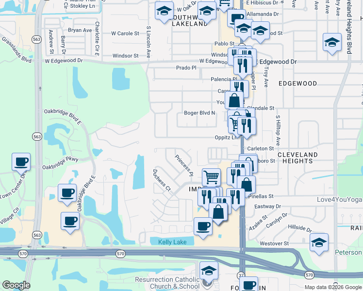 map of restaurants, bars, coffee shops, grocery stores, and more near 537 Queens Loop North in Lakeland