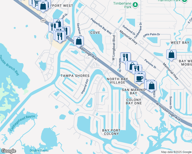 map of restaurants, bars, coffee shops, grocery stores, and more near 5718 Baywater Drive in Tampa