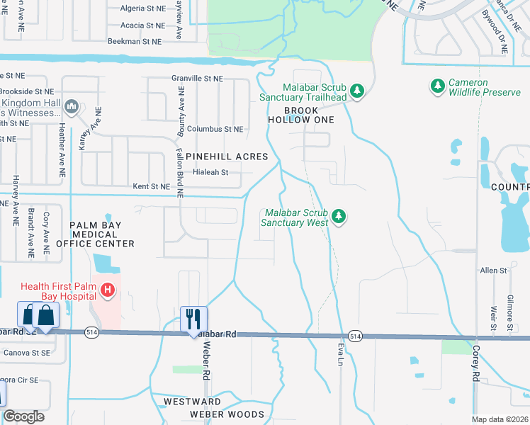 map of restaurants, bars, coffee shops, grocery stores, and more near 370 Newell Road Northeast in Palm Bay