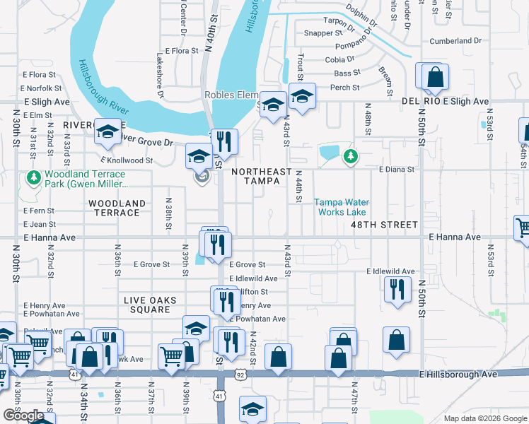 map of restaurants, bars, coffee shops, grocery stores, and more near 6220 Rolling Hammock Place in Tampa