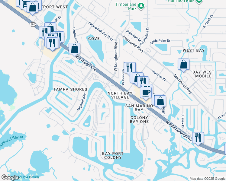 map of restaurants, bars, coffee shops, grocery stores, and more near 6340 Newtown Circle in Tampa