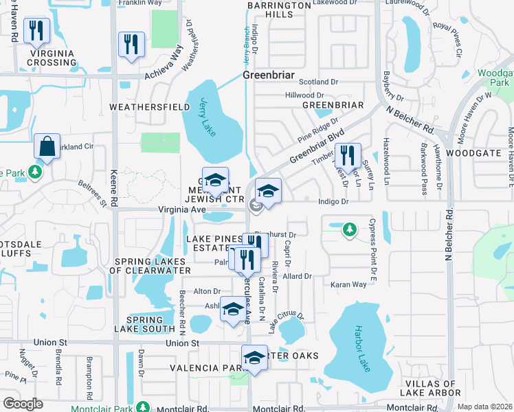 map of restaurants, bars, coffee shops, grocery stores, and more near 2001 Greenbriar Boulevard in Clearwater