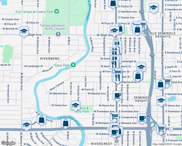 map of restaurants, bars, coffee shops, grocery stores, and more near 222 W Fern St in Tampa