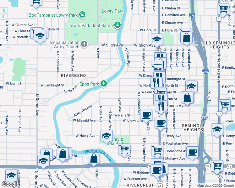 map of restaurants, bars, coffee shops, grocery stores, and more near 307 West Fern Street in Tampa