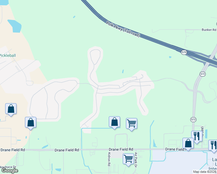 map of restaurants, bars, coffee shops, grocery stores, and more near 3255 Bellflower Way in Lakeland