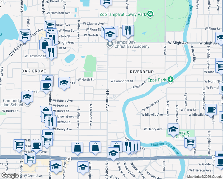 map of restaurants, bars, coffee shops, grocery stores, and more near 6303 North Rome Avenue in Tampa