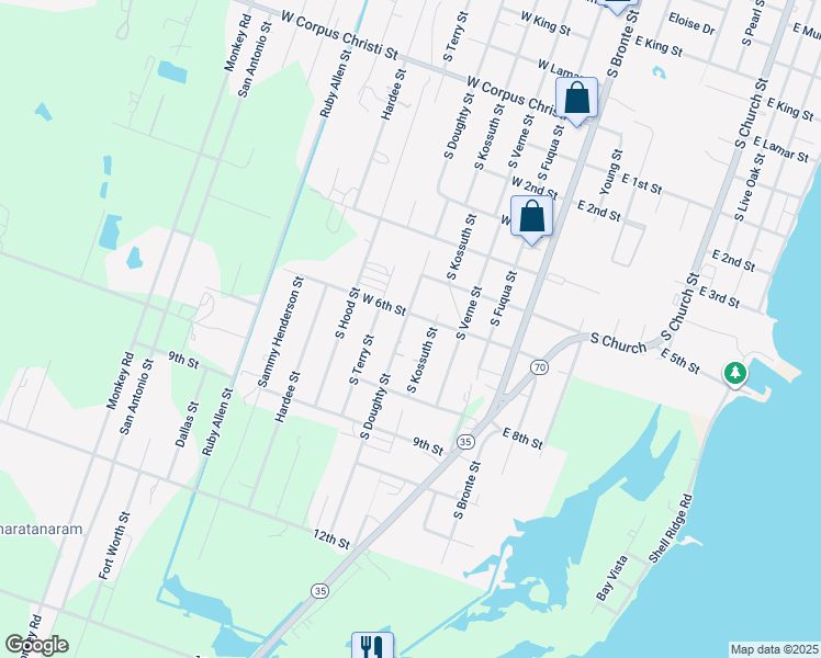 map of restaurants, bars, coffee shops, grocery stores, and more near 1504 South Doughty Street in Rockport