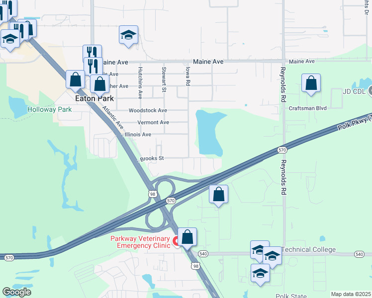 map of restaurants, bars, coffee shops, grocery stores, and more near 2924 Brooks Street in Lakeland