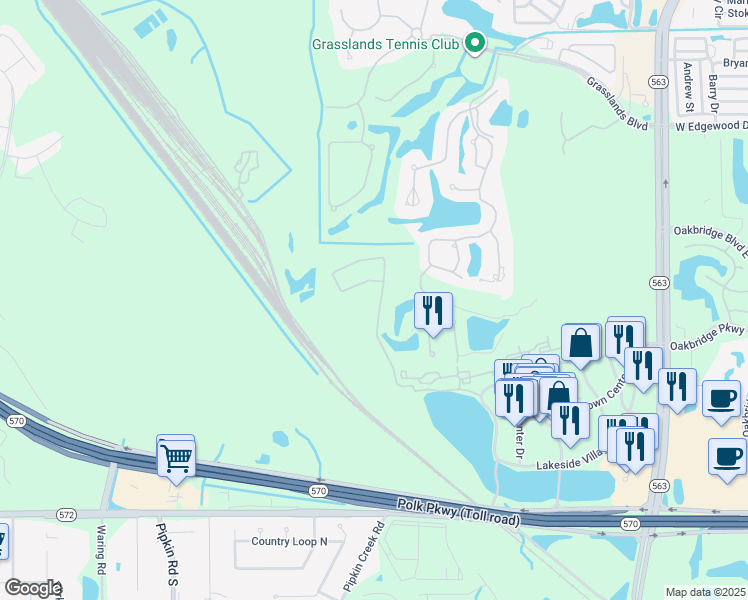 map of restaurants, bars, coffee shops, grocery stores, and more near 3495 Turnberry Drive in Lakeland