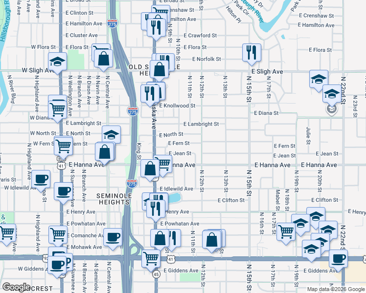 map of restaurants, bars, coffee shops, grocery stores, and more near 1011 East Fern Street in Tampa