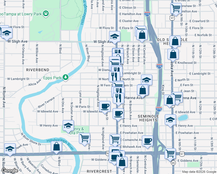 map of restaurants, bars, coffee shops, grocery stores, and more near 114 West Fern Street in Tampa