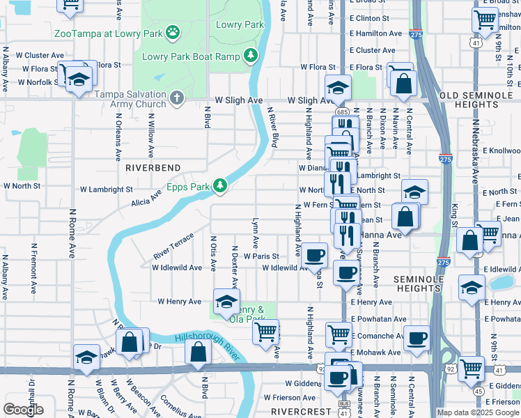 map of restaurants, bars, coffee shops, grocery stores, and more near 222 West Fern Street in Tampa