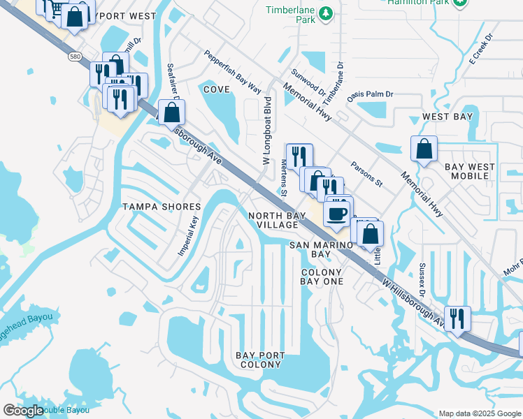 map of restaurants, bars, coffee shops, grocery stores, and more near 6340 Newtown Circle in Tampa