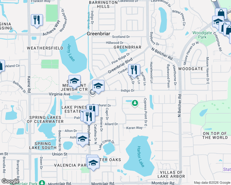 map of restaurants, bars, coffee shops, grocery stores, and more near 2001-2099 Indigo Drive in Clearwater