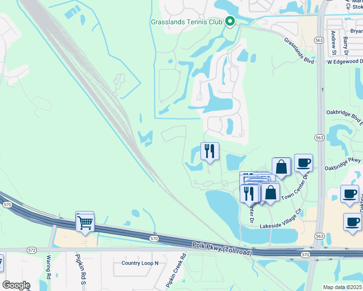 map of restaurants, bars, coffee shops, grocery stores, and more near 3495 Turnberry Drive in Lakeland