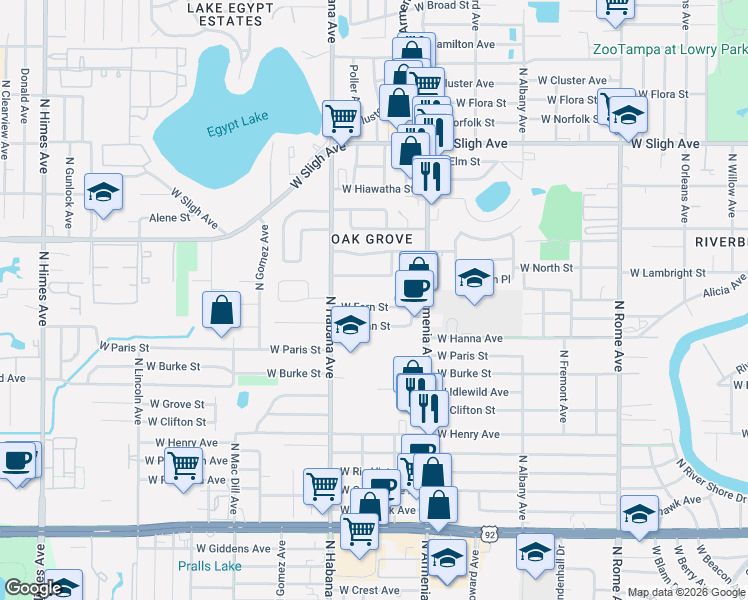map of restaurants, bars, coffee shops, grocery stores, and more near 2521 West Fern Street in Tampa