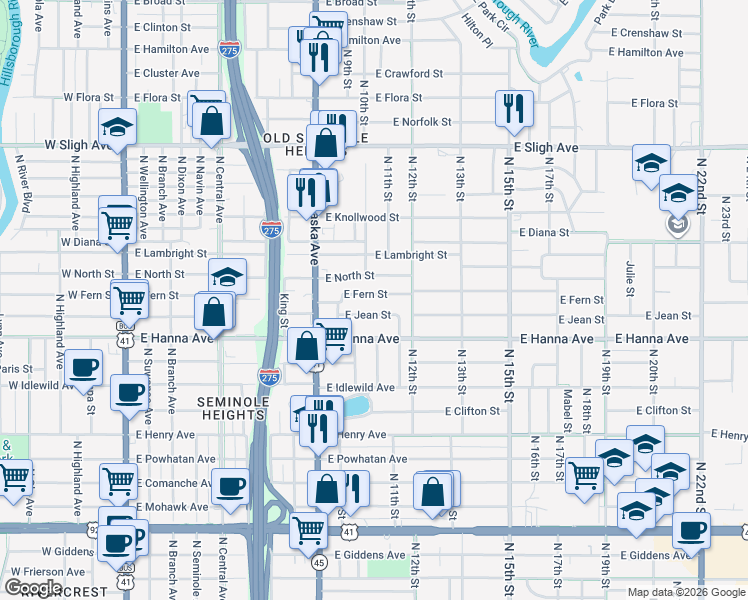 map of restaurants, bars, coffee shops, grocery stores, and more near 1011 East Fern Street in Tampa
