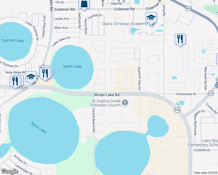 map of restaurants, bars, coffee shops, grocery stores, and more near 961 Buccaneer Boulevard in Winter Haven