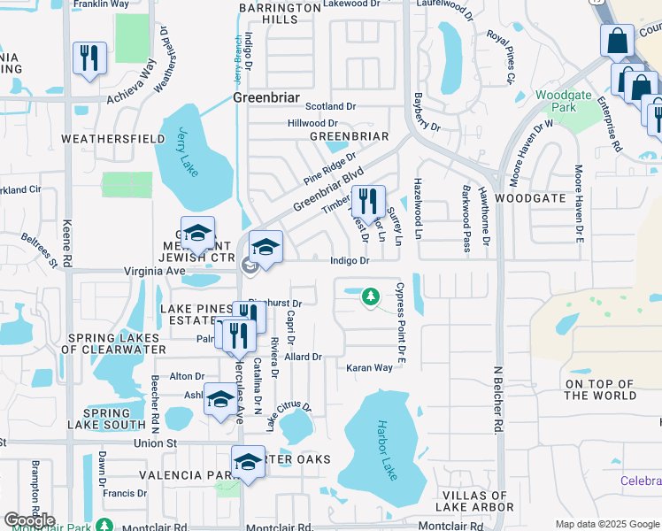 map of restaurants, bars, coffee shops, grocery stores, and more near 2113 Indigo Drive in Clearwater