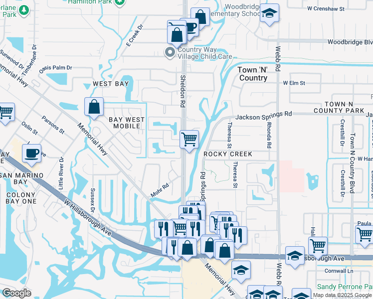 map of restaurants, bars, coffee shops, grocery stores, and more near 6021 Sheldon Road in Town 'n' Country