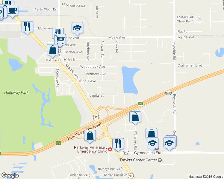map of restaurants, bars, coffee shops, grocery stores, and more near 2924 Brooks Street in Lakeland