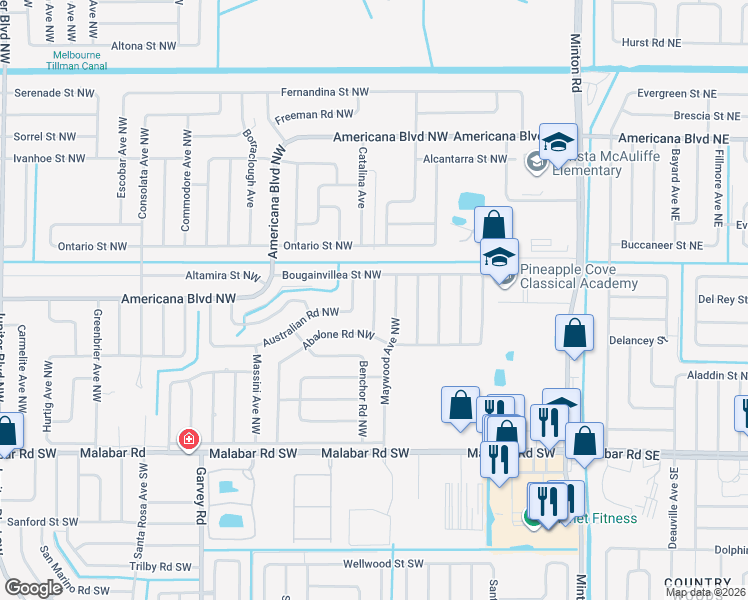 map of restaurants, bars, coffee shops, grocery stores, and more near Nagel Road Northwest in Palm Bay