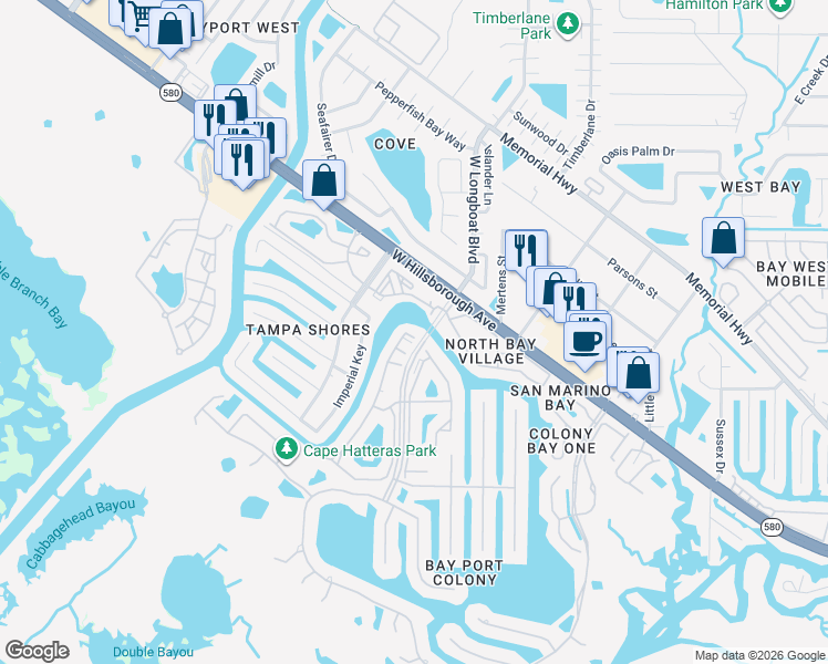 map of restaurants, bars, coffee shops, grocery stores, and more near 5742 Baywater Drive in Tampa