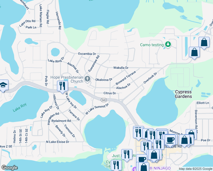 map of restaurants, bars, coffee shops, grocery stores, and more near 274 Alachua Drive in Winter Haven