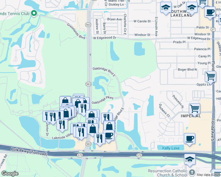 map of restaurants, bars, coffee shops, grocery stores, and more near 1126 Waterfall Lane in Lakeland