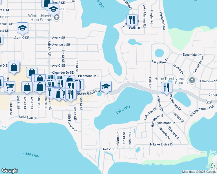map of restaurants, bars, coffee shops, grocery stores, and more near 1120 Cypress Gardens Boulevard in Winter Haven
