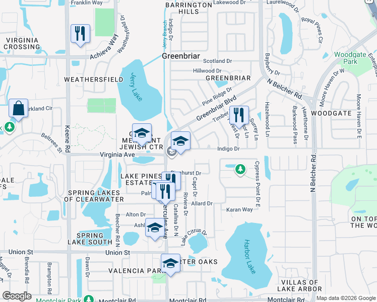 map of restaurants, bars, coffee shops, grocery stores, and more near 2305 Indigo Drive in Clearwater