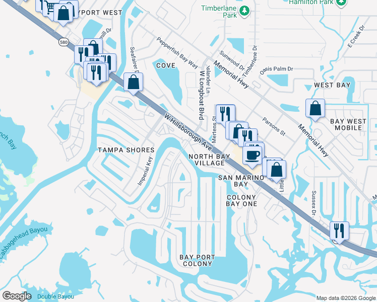 map of restaurants, bars, coffee shops, grocery stores, and more near 6301 Newtown Circle in Tampa