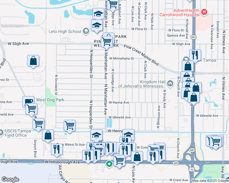 map of restaurants, bars, coffee shops, grocery stores, and more near 6218 North Coolidge Avenue in Tampa