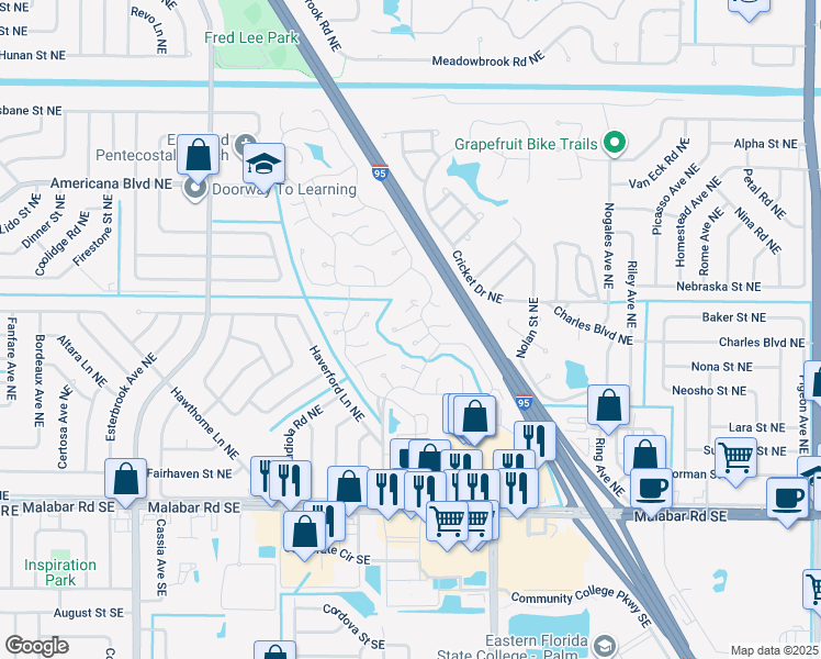 map of restaurants, bars, coffee shops, grocery stores, and more near 1160 Seminole Court in Palm Bay