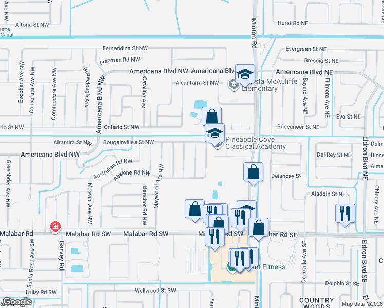 map of restaurants, bars, coffee shops, grocery stores, and more near 270 Mardi Gras Avenue Northwest in Palm Bay