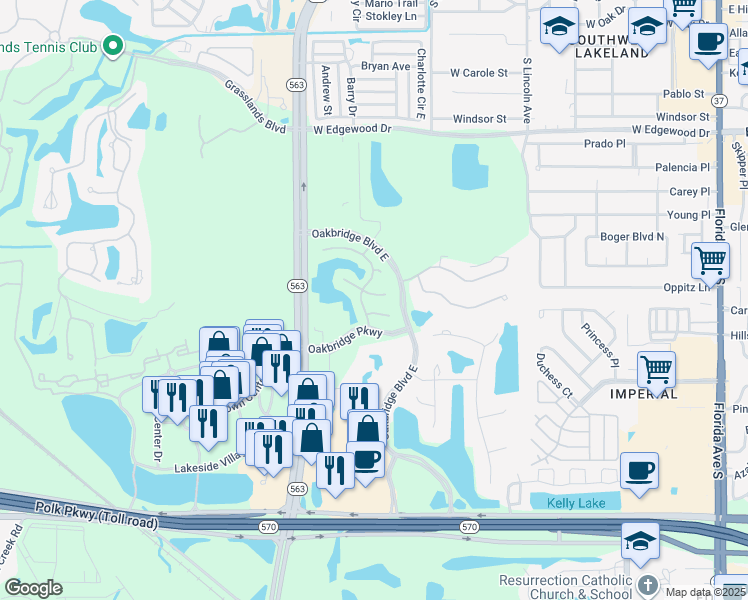 map of restaurants, bars, coffee shops, grocery stores, and more near 1126 Waterfall Lane in Lakeland