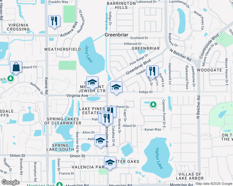 map of restaurants, bars, coffee shops, grocery stores, and more near 2005 Greenbriar Boulevard in Clearwater