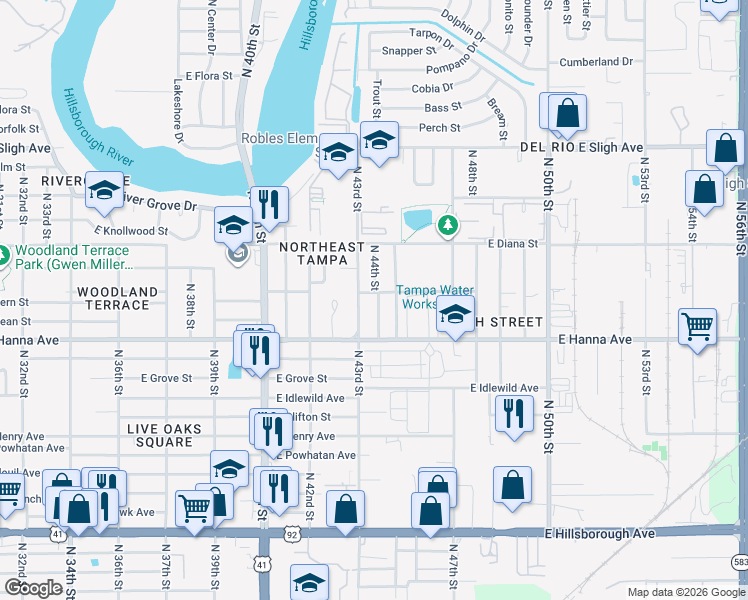 map of restaurants, bars, coffee shops, grocery stores, and more near 6219 North 43rd Street in Tampa