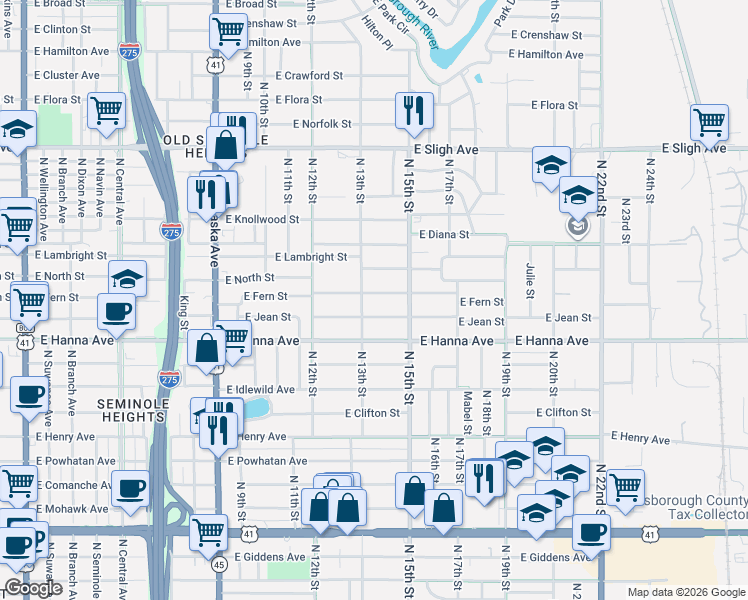 map of restaurants, bars, coffee shops, grocery stores, and more near 1405 East North Street in Tampa