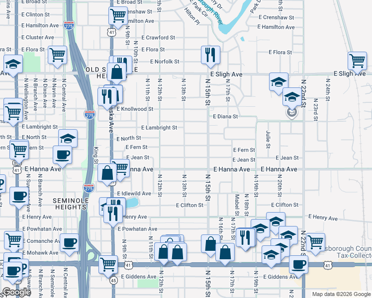 map of restaurants, bars, coffee shops, grocery stores, and more near 1405 East North Street in Tampa