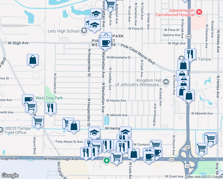 map of restaurants, bars, coffee shops, grocery stores, and more near 6218 North Coolidge Avenue in Tampa