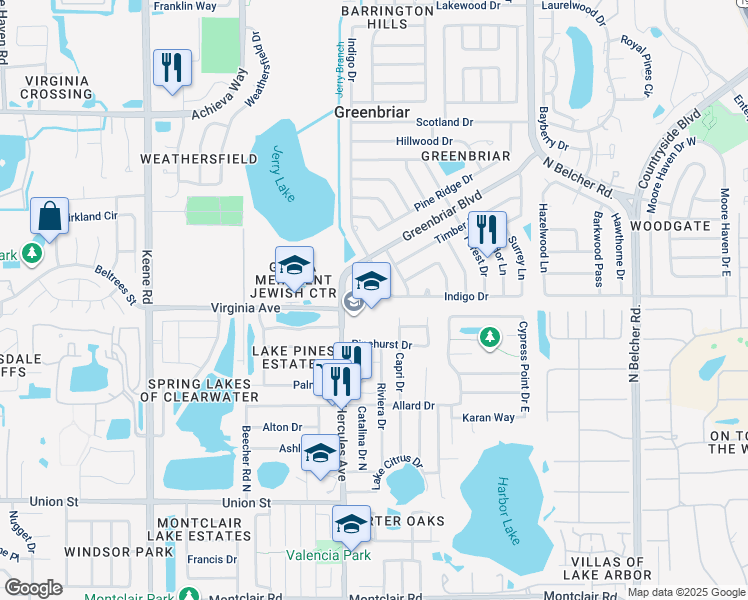 map of restaurants, bars, coffee shops, grocery stores, and more near 2005 Greenbriar Boulevard in Clearwater