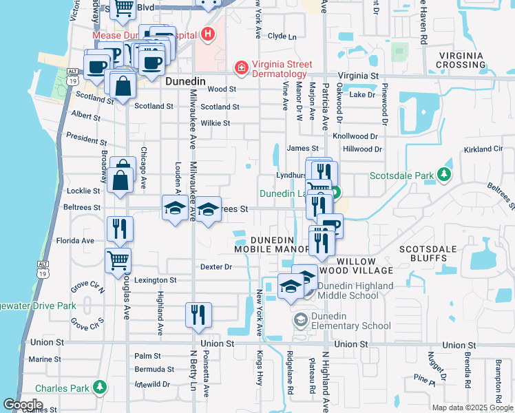 map of restaurants, bars, coffee shops, grocery stores, and more near in Dunedin